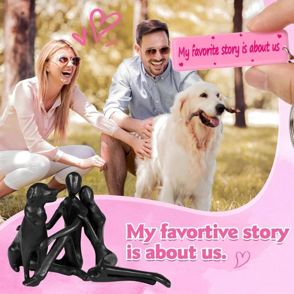 Sweet Couple & Dog Statue Cast Iron Sculpture Décor Wedding Love Gift for Couple